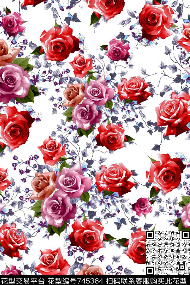 大花花朵花卉数码印花华亿平台下载（图片编号: 745364） - 瓦栏（Walan）