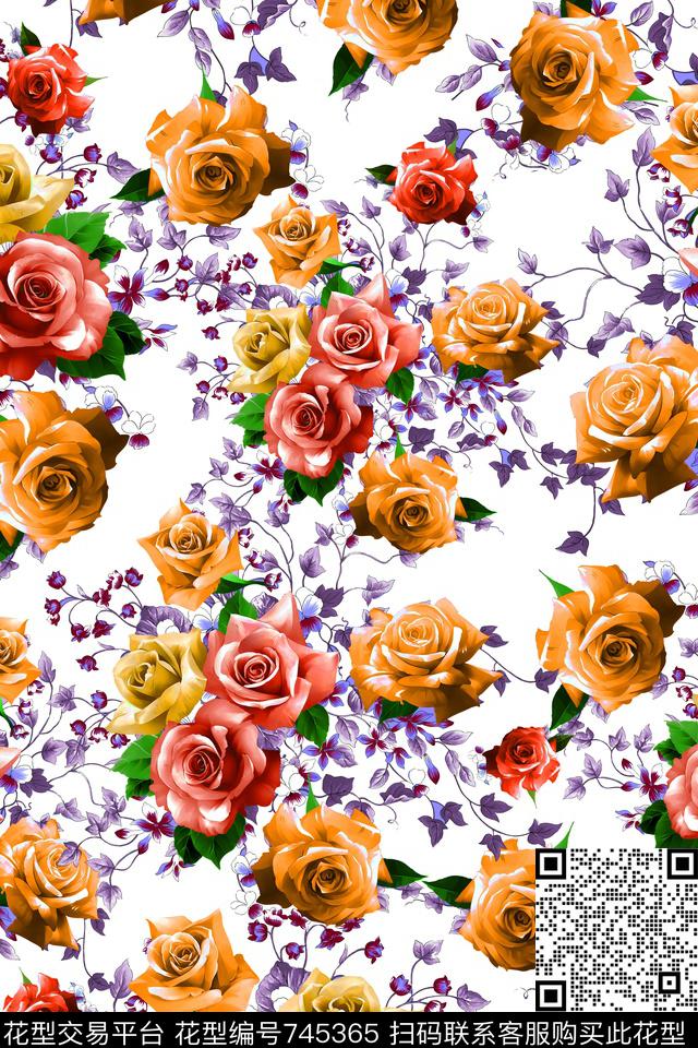大花花朵花卉数码印花华亿平台下载（图片编号: 745365） - 瓦栏（Walan）