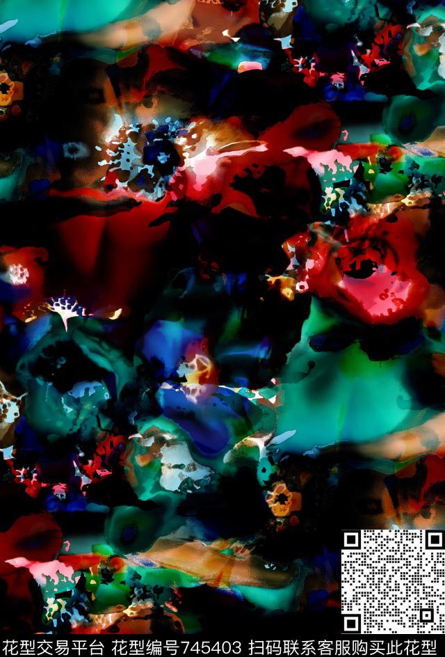 抽象炫彩花卉抽象华亿平台抽象花卉时尚大牌女装数码印花华亿平台下载（图片编号: 745403） - 瓦栏（Walan）