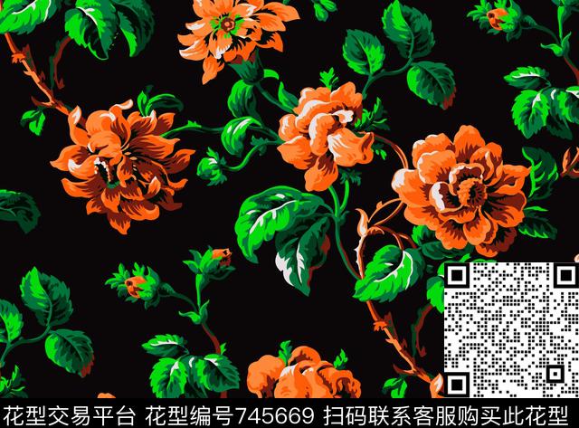 牡丹大花花卉传统印花华亿平台下载（图片编号: 745669） - 瓦栏（Walan）