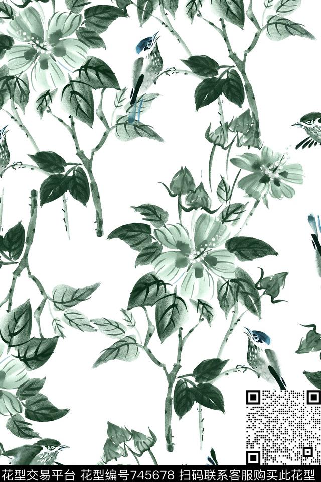手绘花鸟水墨数码印花华亿平台下载（图片编号: 745678） - 瓦栏（Walan）