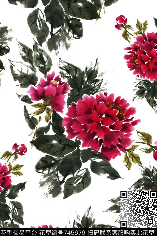 水墨牡丹花卉数码印花华亿平台下载（图片编号: 745679） - 瓦栏（Walan）