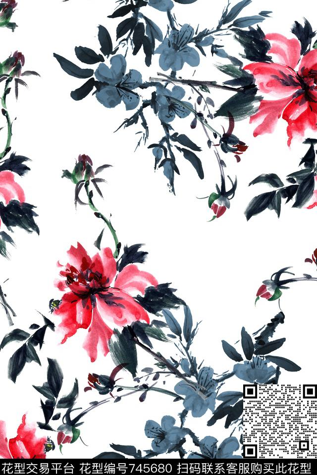 水墨牡丹花卉数码印花华亿平台下载（图片编号: 745680） - 瓦栏（Walan）