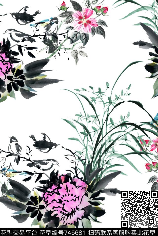 水墨牡丹花卉数码印花华亿平台下载（图片编号: 745681） - 瓦栏（Walan）