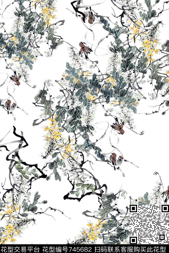 水墨牡丹花卉数码印花华亿平台下载（图片编号: 745682） - 瓦栏（Walan）