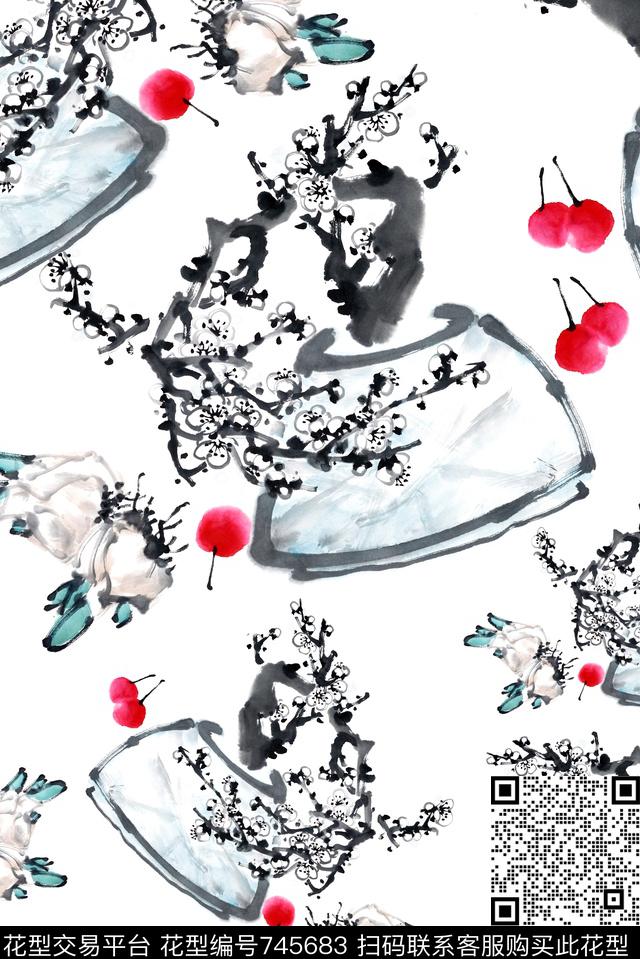 水墨盆栽花卉数码印花华亿平台下载（图片编号: 745683） - 瓦栏（Walan）