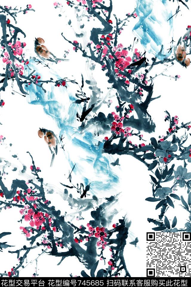 水墨桃花山水数码印花华亿平台下载（图片编号: 745685） - 瓦栏（Walan）