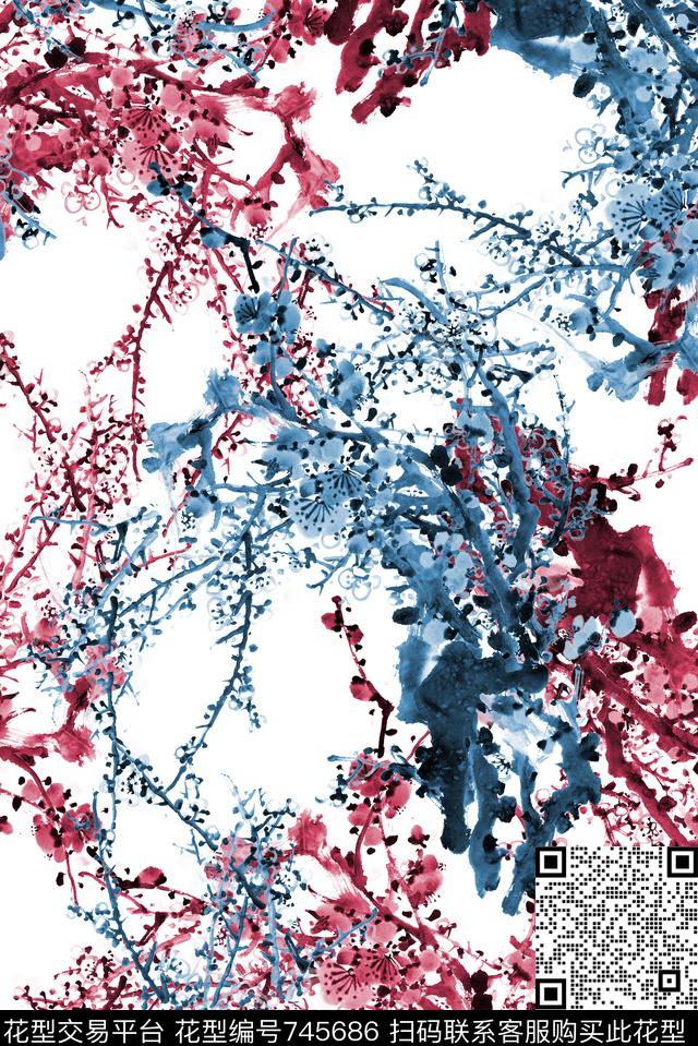 水墨桃花枝条数码印花华亿平台下载（图片编号: 745686） - 瓦栏（Walan）