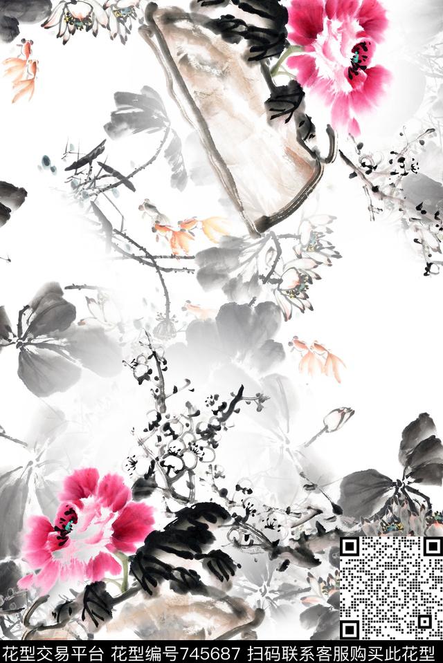 水墨桃花枝条数码印花华亿平台下载（图片编号: 745687） - 瓦栏（Walan）