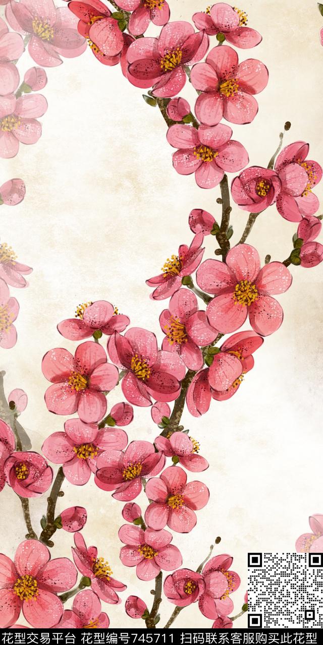 优雅梅花花串传统印花华亿平台下载（图片编号: 745711） - 瓦栏（Walan）