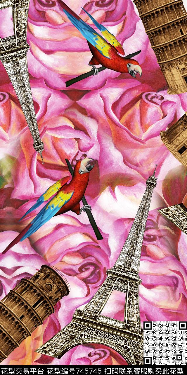 埃菲尔铁塔欧式建筑鸟数码印花华亿平台下载（图片编号: 745745） - 瓦栏（Walan）