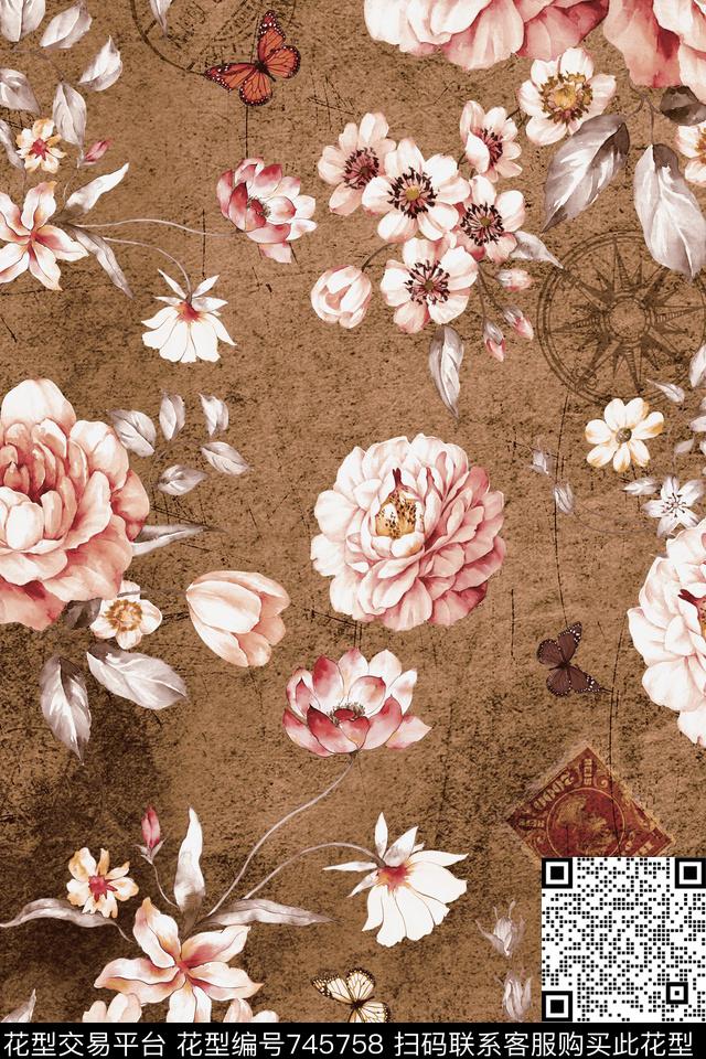数码艺术花卉欧式复古手绘花数码印花华亿平台下载（图片编号: 745758） - 瓦栏（Walan）
