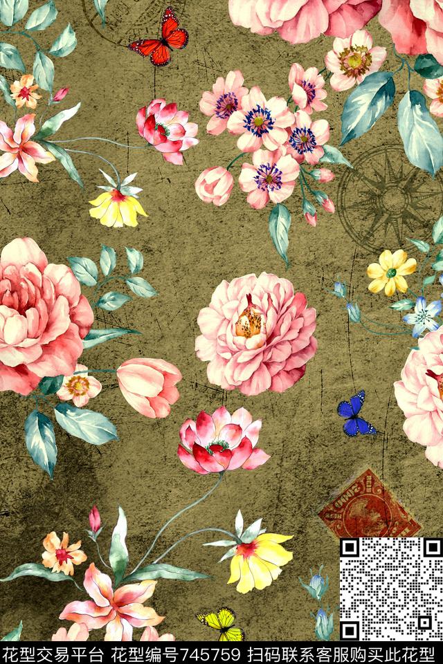 数码艺术花卉欧式复古手绘花数码印花华亿平台下载（图片编号: 745759） - 瓦栏（Walan）