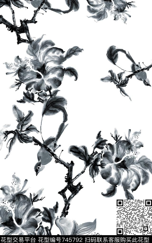水墨中国风花卉数码印花华亿平台下载（图片编号: 745792） - 瓦栏（Walan）