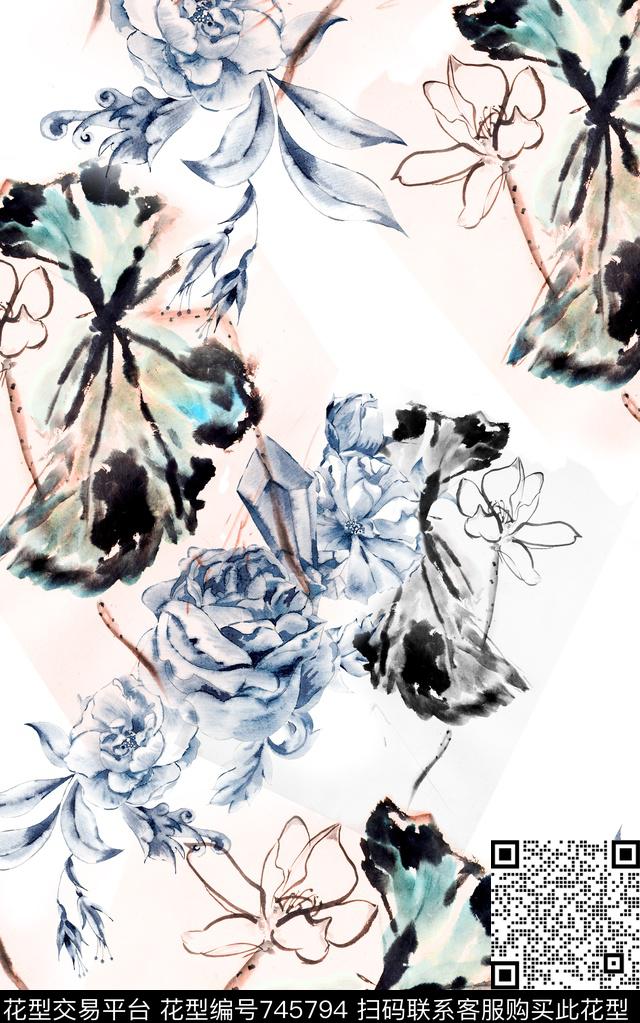水墨中国风花卉数码印花华亿平台下载（图片编号: 745794） - 瓦栏（Walan）