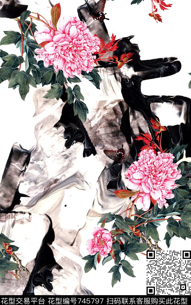 水墨中国风花卉数码印花华亿平台下载（图片编号: 745797） - 瓦栏（Walan）