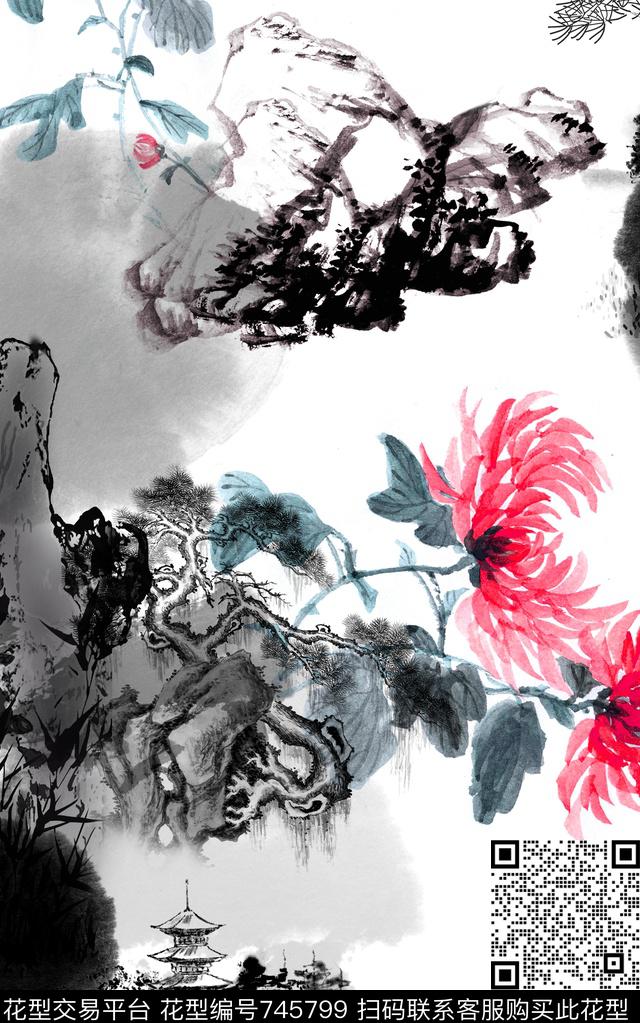 水墨中国风花卉数码印花华亿平台下载（图片编号: 745799） - 瓦栏（Walan）