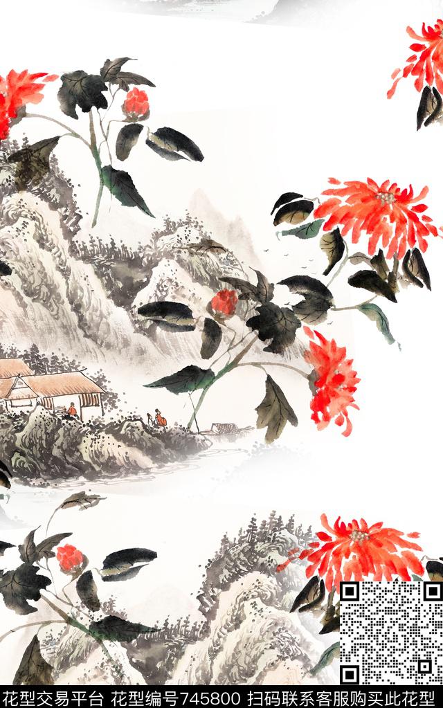 水墨中国风花卉数码印花华亿平台下载（图片编号: 745800） - 瓦栏（Walan）