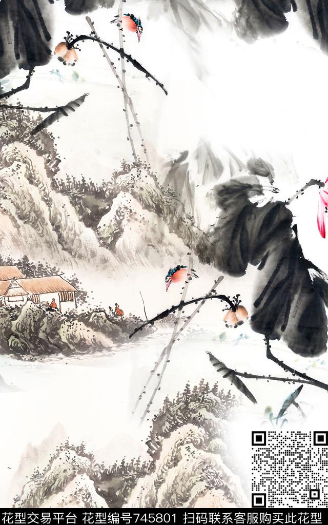 水墨中国风花卉数码印花华亿平台下载（图片编号: 745801） - 瓦栏（Walan）