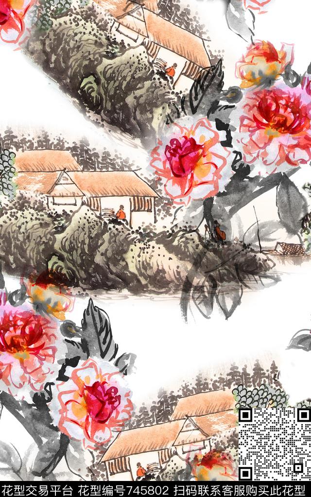 水墨中国风花卉数码印花华亿平台下载（图片编号: 745802） - 瓦栏（Walan）
