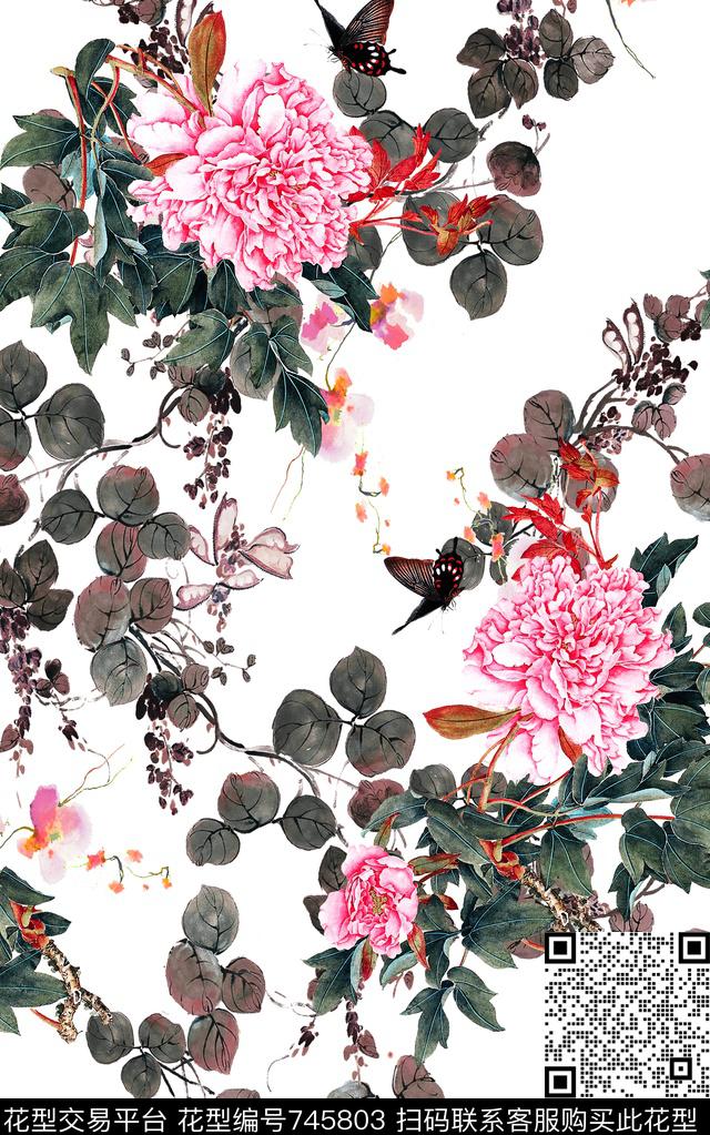 水墨中国风花卉数码印花华亿平台下载（图片编号: 745803） - 瓦栏（Walan）