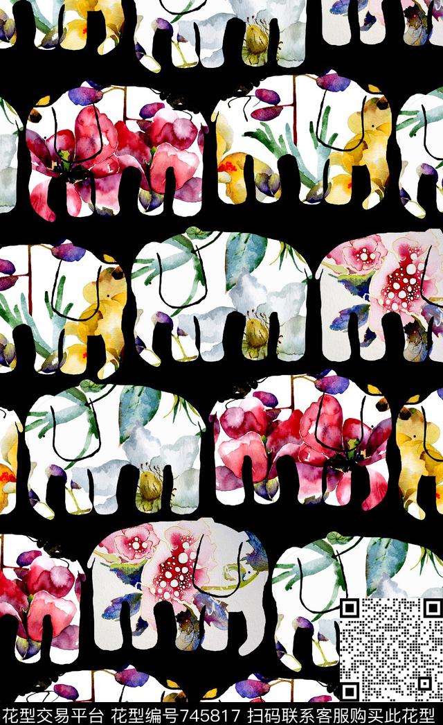 时尚手绘大象数码印花华亿平台下载（图片编号: 745817） - 瓦栏（Walan）