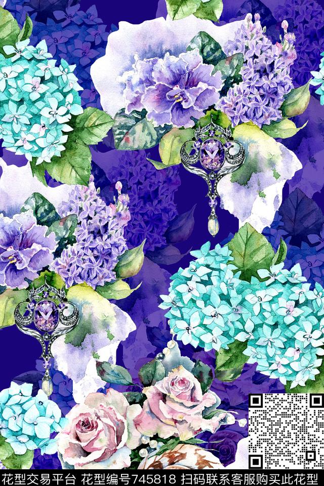 时尚手绘水彩数码印花华亿平台下载（图片编号: 745818） - 瓦栏（Walan）