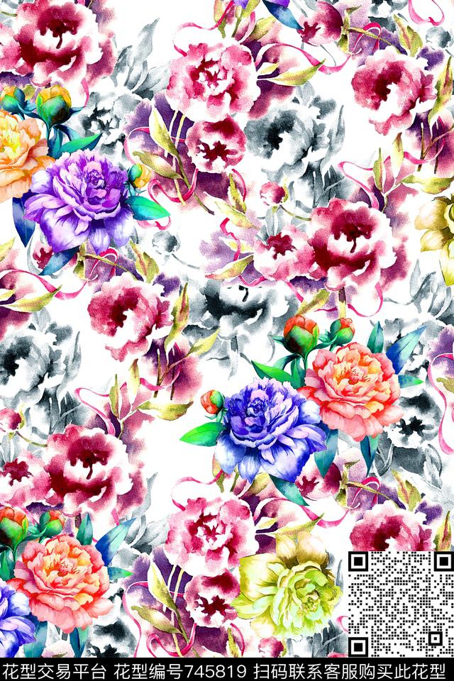 时尚手绘水彩数码印花华亿平台下载（图片编号: 745819） - 瓦栏（Walan）