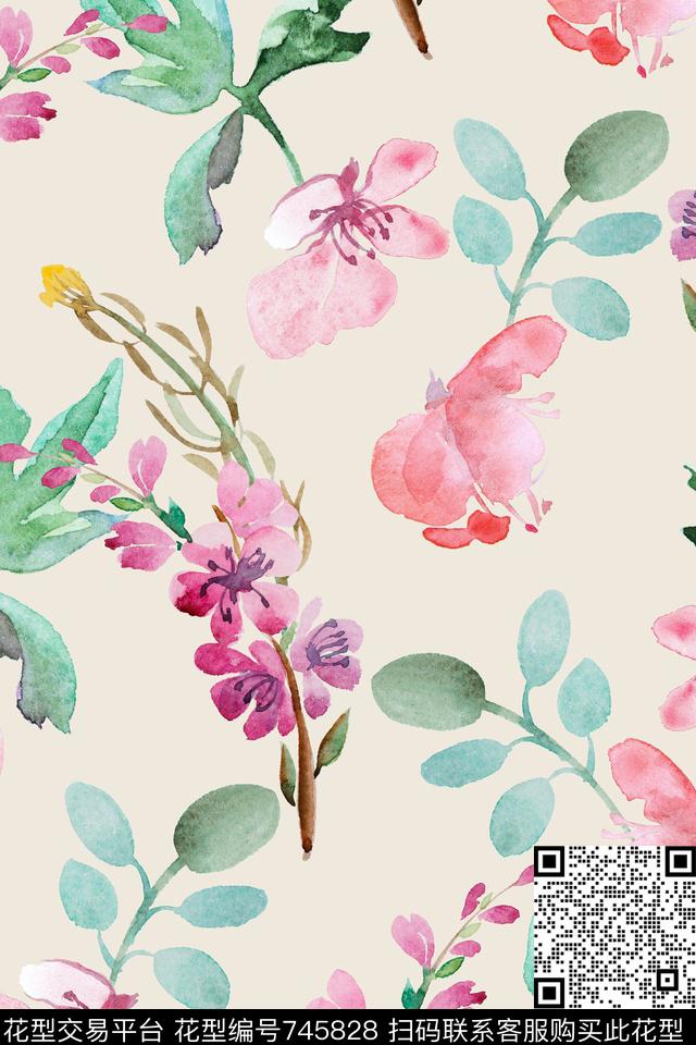 水彩花卉抽象数码印花华亿平台下载（图片编号: 745828） - 瓦栏（Walan）