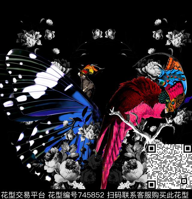 玫瑰花朵鹦鹉数码印花华亿平台下载（图片编号: 745852） - 瓦栏（Walan）