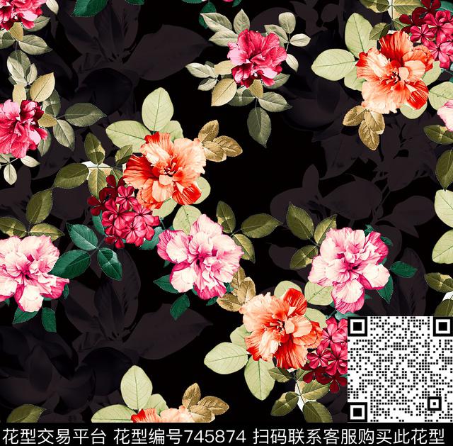 乱花大花花朵数码印花华亿平台下载（图片编号: 745874） - 瓦栏（Walan）
