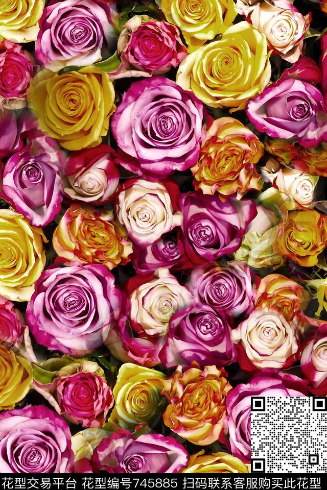 满版花卉花朵玫瑰数码印花华亿平台下载（图片编号: 745885） - 瓦栏（Walan）