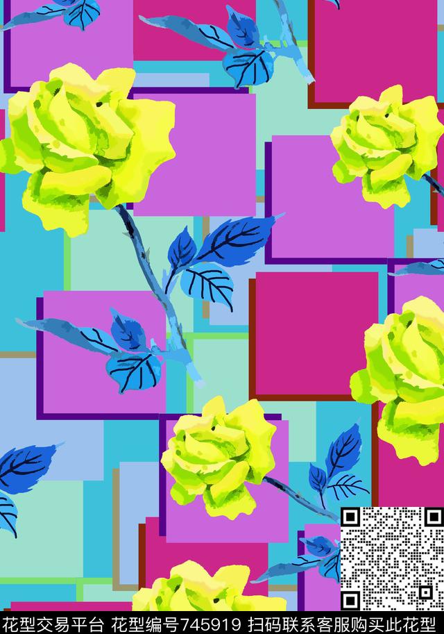 花卉写意花卉玫瑰花数码印花华亿平台下载（图片编号: 745919） - 瓦栏（Walan）
