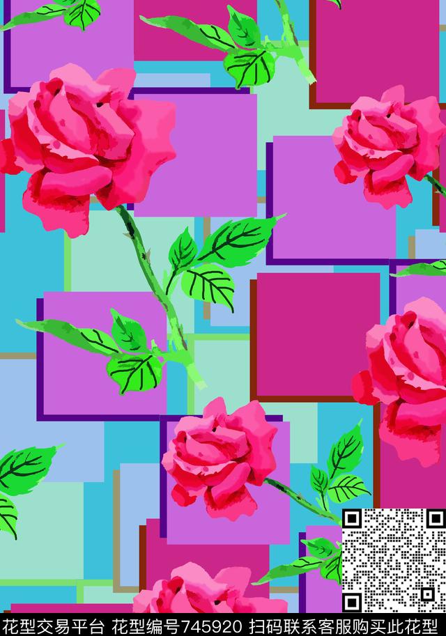 花卉写意花卉玫瑰花数码印花华亿平台下载（图片编号: 745920） - 瓦栏（Walan）