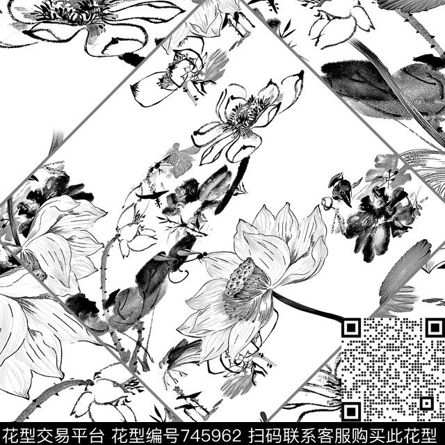 小方巾中国风荷花数码印花华亿平台下载（图片编号: 745962） - 瓦栏（Walan）