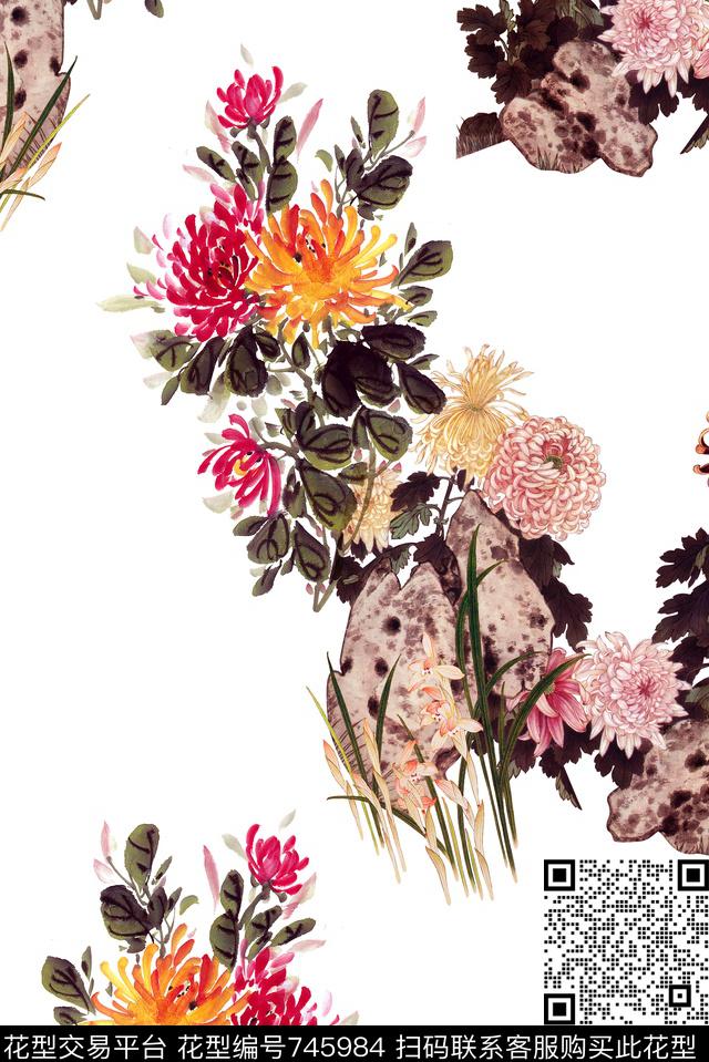 手绘水墨中国风数码印花华亿平台下载（图片编号: 745984） - 瓦栏（Walan）