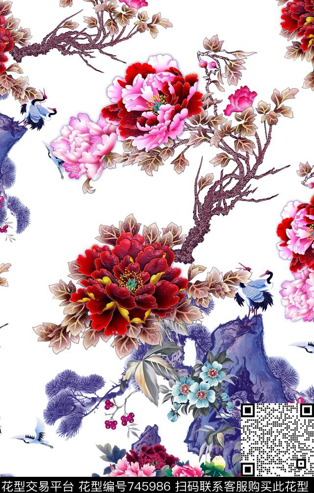 水墨中国风花卉数码印花华亿平台下载（图片编号: 745986） - 瓦栏（Walan）
