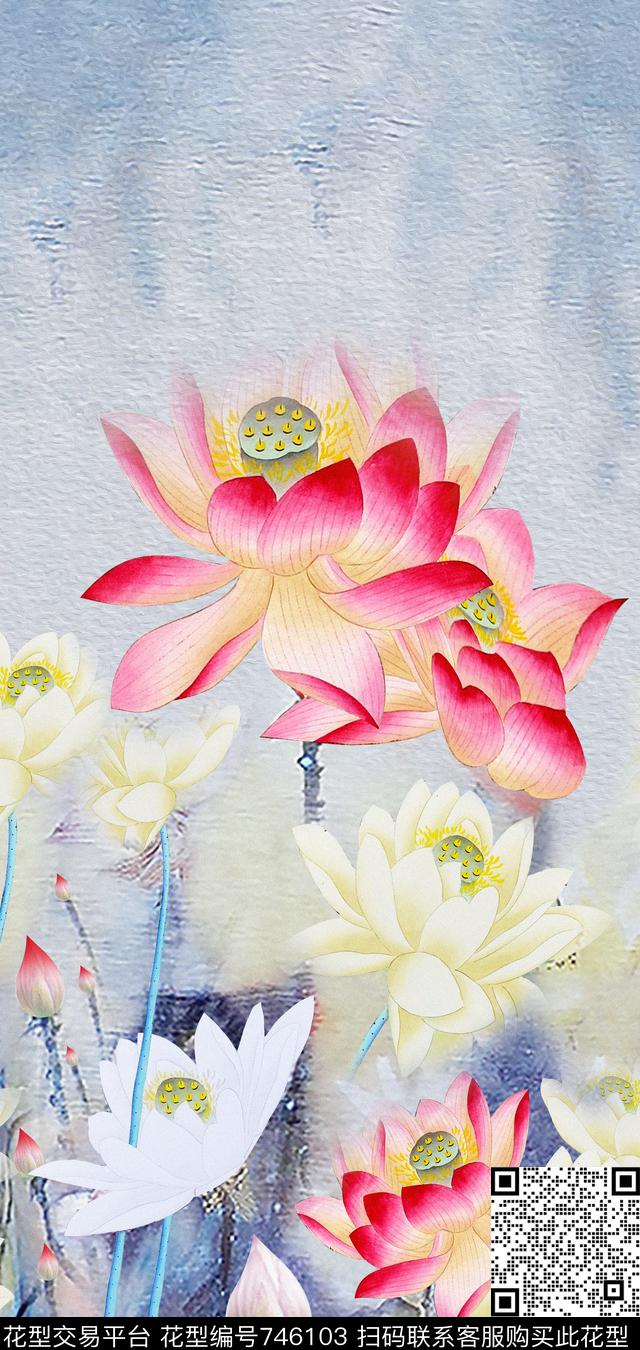 创意抽象拼接中国风荷花数码印花华亿平台下载（图片编号: 746103） - 瓦栏（Walan）
