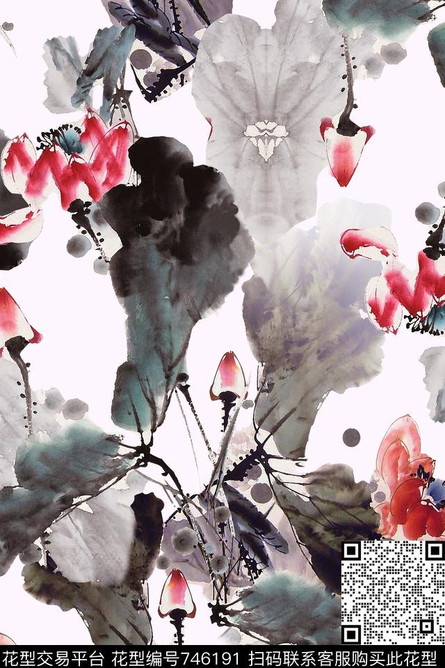 中国风手绘荷花水彩花卉数码印花华亿平台下载（图片编号: 746191） - 瓦栏（Walan）