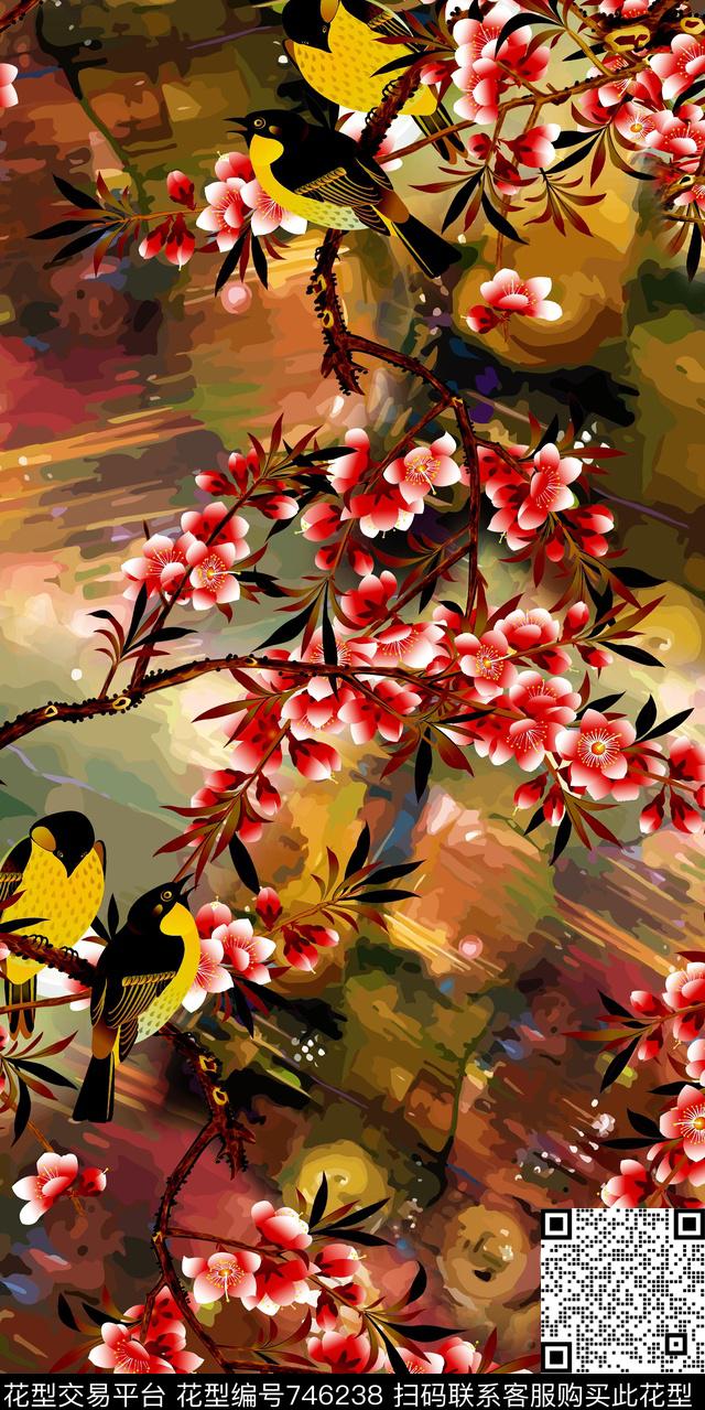 乱花花朵花鸟数码印花华亿平台下载（图片编号: 746238） - 瓦栏（Walan）