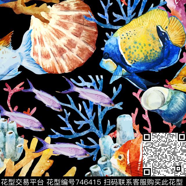 海洋生物珊瑚彩色鱼数码印花华亿平台下载（图片编号: 746415） - 瓦栏（Walan）