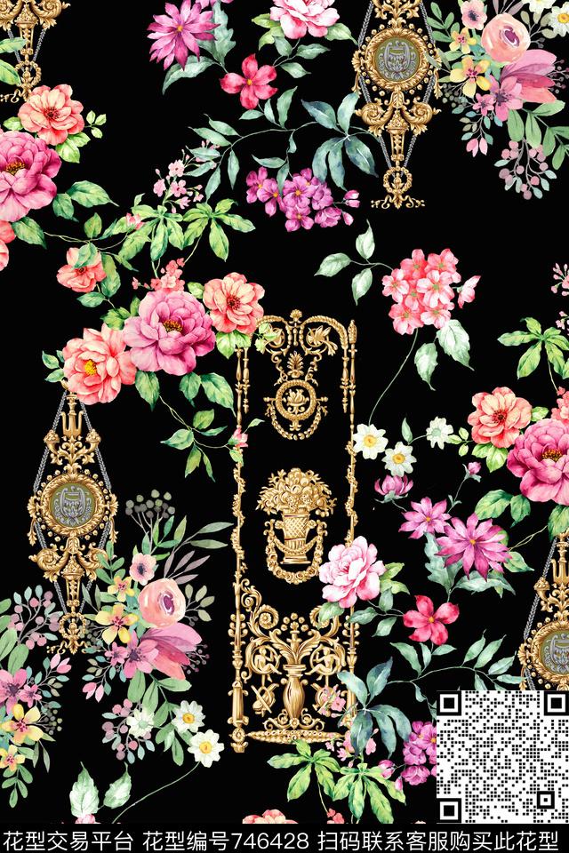 手绘乱花花卉复古宫廷风花鸟数码印花华亿平台下载（图片编号: 746428） - 瓦栏（Walan）
