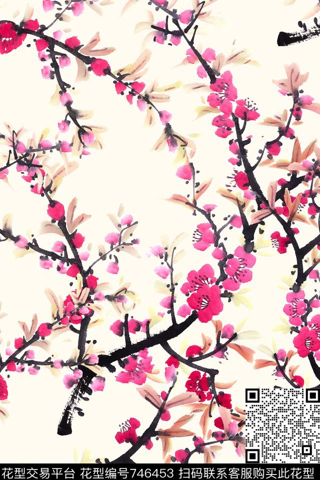 水墨桃花枝条数码印花华亿平台下载（图片编号: 746453） - 瓦栏（Walan）
