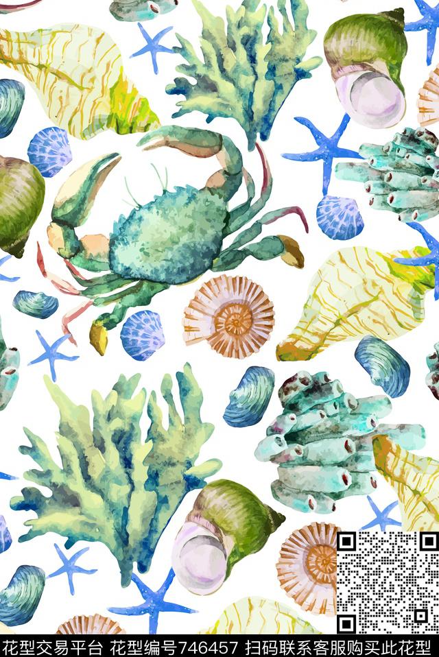 贝壳珊瑚海星数码印花华亿平台下载（图片编号: 746457） - 瓦栏（Walan）