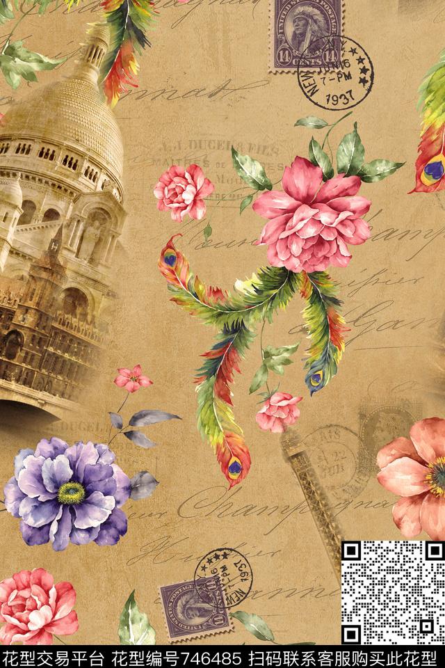 欧式复古欧式建筑手绘花数码印花华亿平台下载（图片编号: 746485） - 瓦栏（Walan）