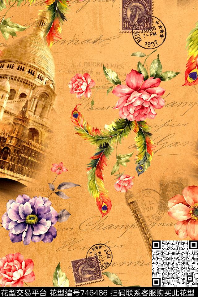 欧式复古欧式建筑手绘花数码印花华亿平台下载（图片编号: 746486） - 瓦栏（Walan）