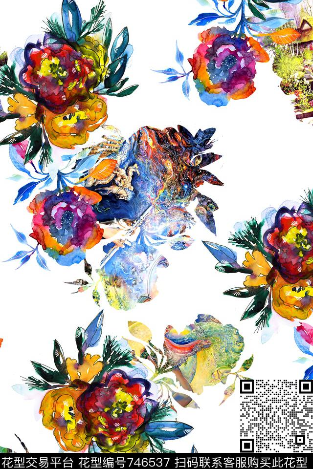 花卉水彩风景数码印花华亿平台下载（图片编号: 746537） - 瓦栏（Walan）