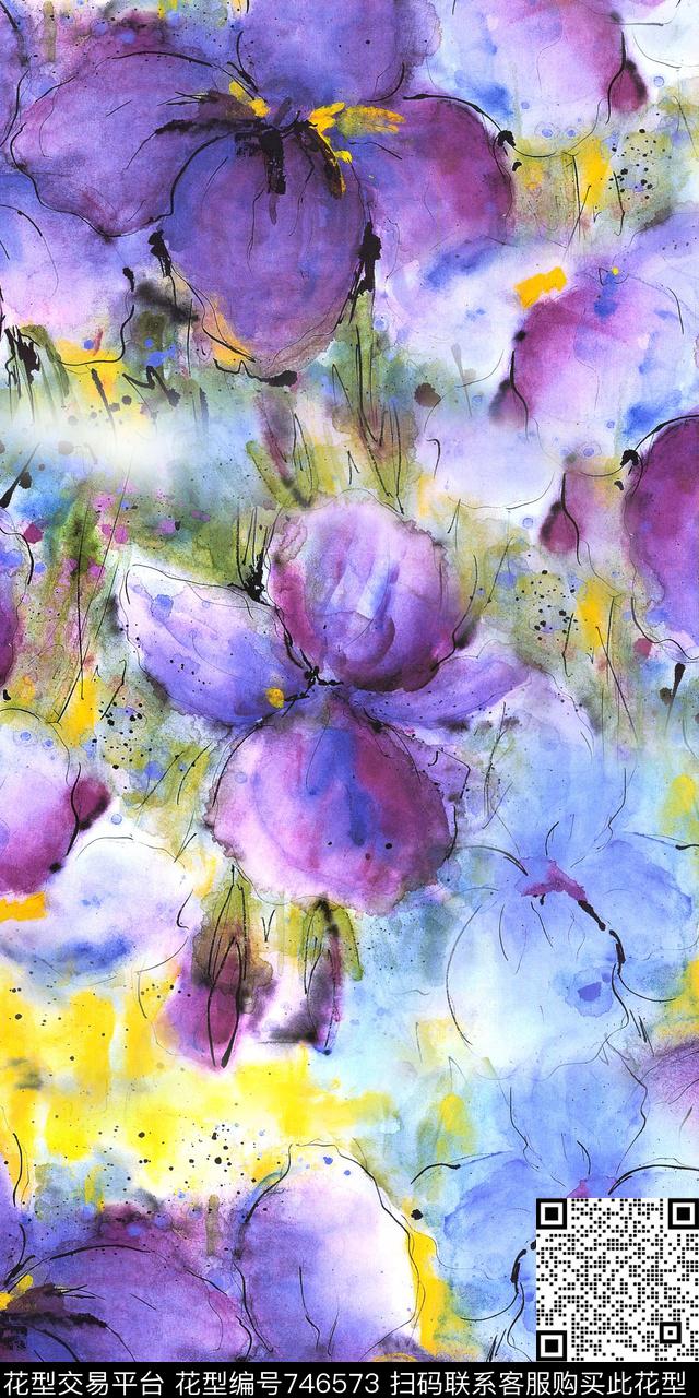 手绘水彩花卉花朵数码印花华亿平台下载（图片编号: 746573） - 瓦栏（Walan）