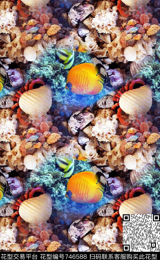 夏季热带海洋世界时尚女装连衣裙VIP特区浪漫自然海景贝壳数码印花华亿平台下载（图片编号: 746588） - 瓦栏（Walan）