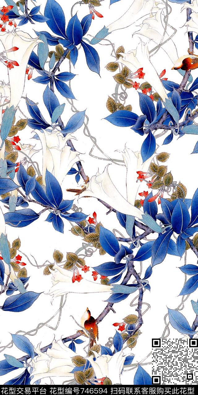 花卉手绘花鸟数码印花华亿平台下载（图片编号: 746594） - 瓦栏（Walan）